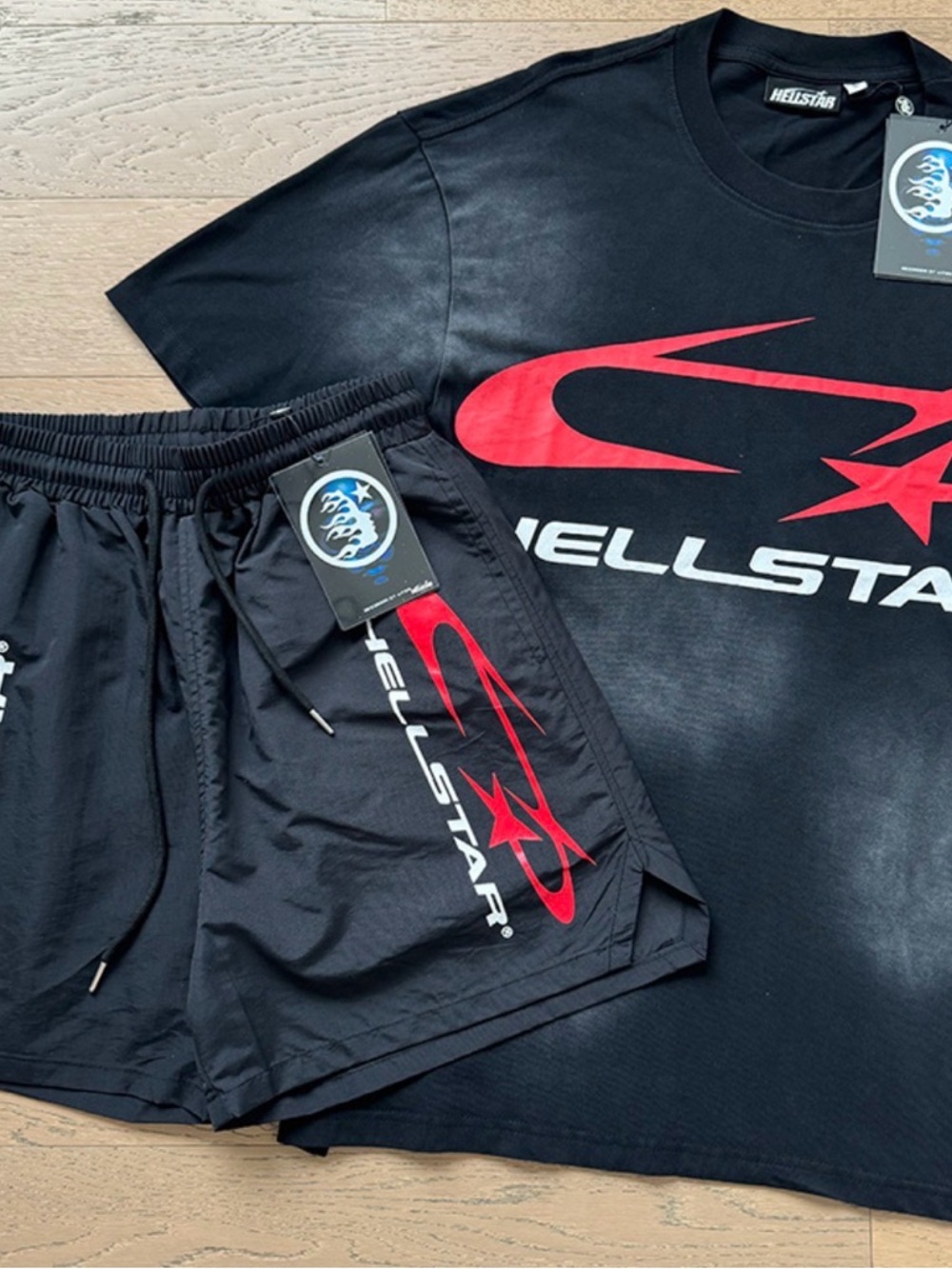 Hellstar Men’s Black Athletic Shorts with Red Logo
